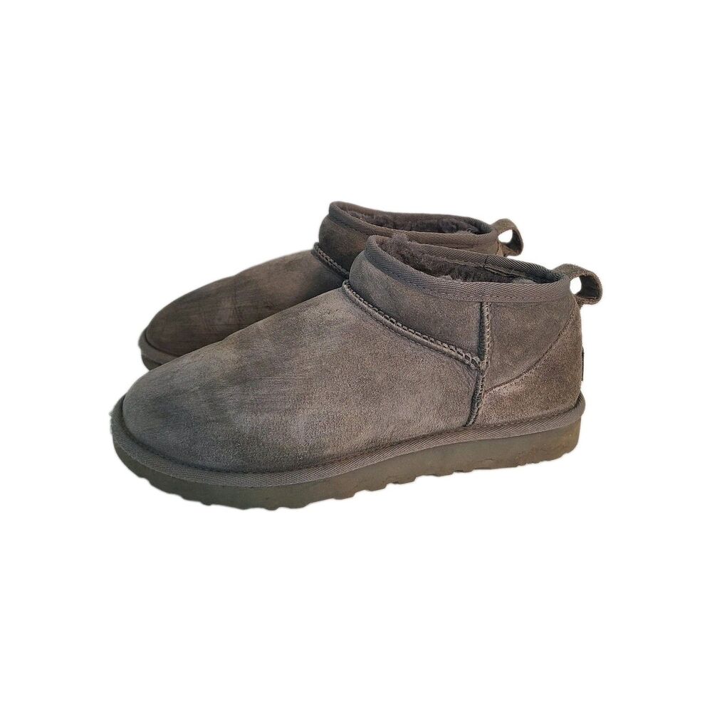 UGG Classic Ultra Mini Grey Suede Shearling Ankle Boots Sz 7 1116109 Clean Girl